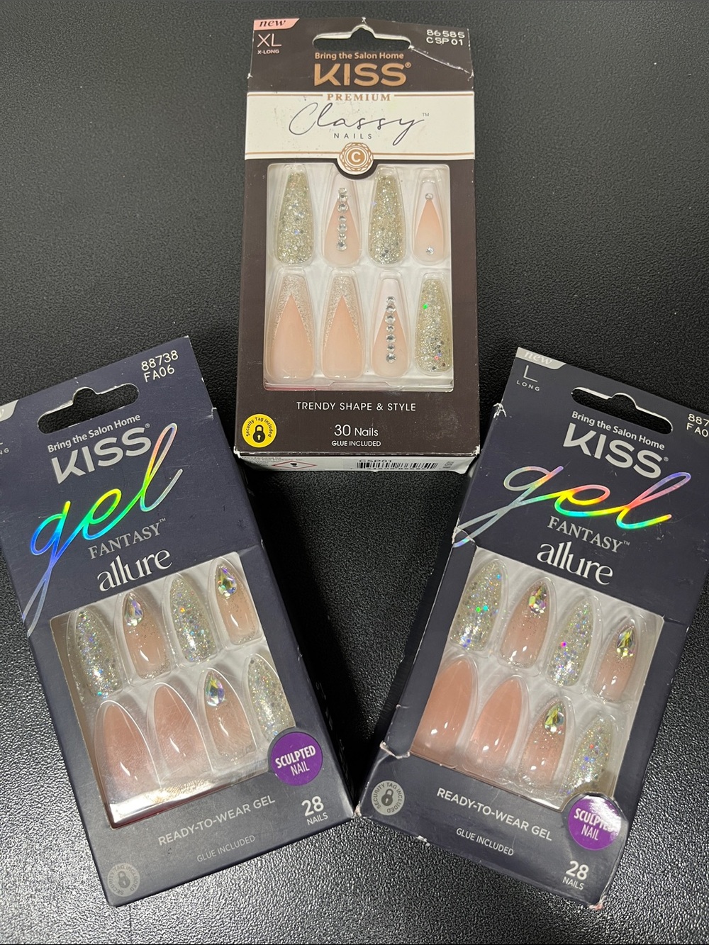 3 KISS Long/XL Gel & Classy Press-On Nail Sets — Nude with Silver Glitter Accent